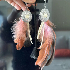 Concho and feather with leather festival style southwestern earrings